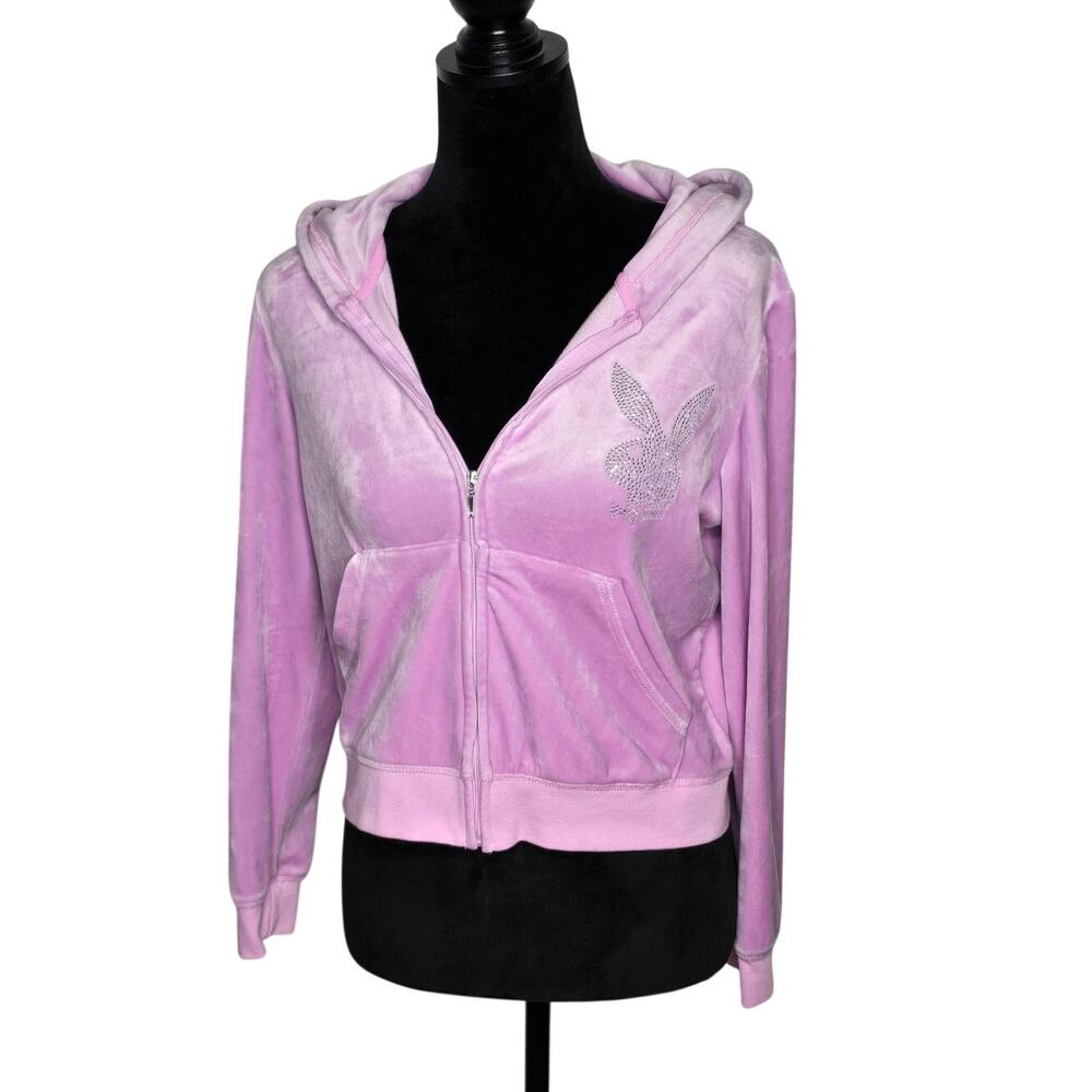 Playboy Pink Velour McBling Rhinestone Zip Hoodie Women’s M Y2K Bunny Logo